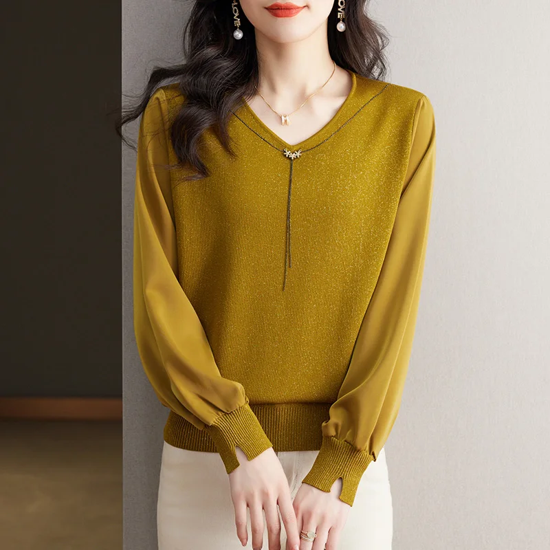 

Autumn New Temperament Elegant Knitted Pullovers Women Fashion Vintage V-neck Sweaters Simple Loose Commute Tops