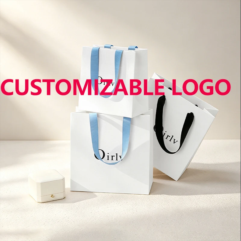 Customizable Jewelry Gift Paper Bag with Green Ribbon Handbag Jewelry Storage Pouch for Packaging
