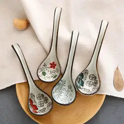 Japanese Style Ceramic Soup Spoons Vintage Hand Painted Floral Pattern Spoons Household Hotel Dinnerware Set Eco Friendly