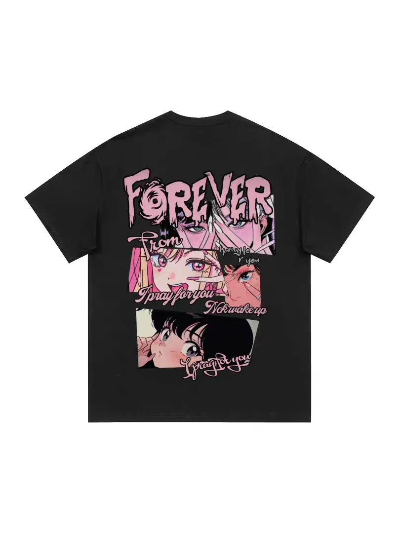 2026 New Vaporwave Anime Girl Family Matching Forever Print Tshirt Unisex Oversized Cotton Short Sleeve Harajuku Streetwear Tee
