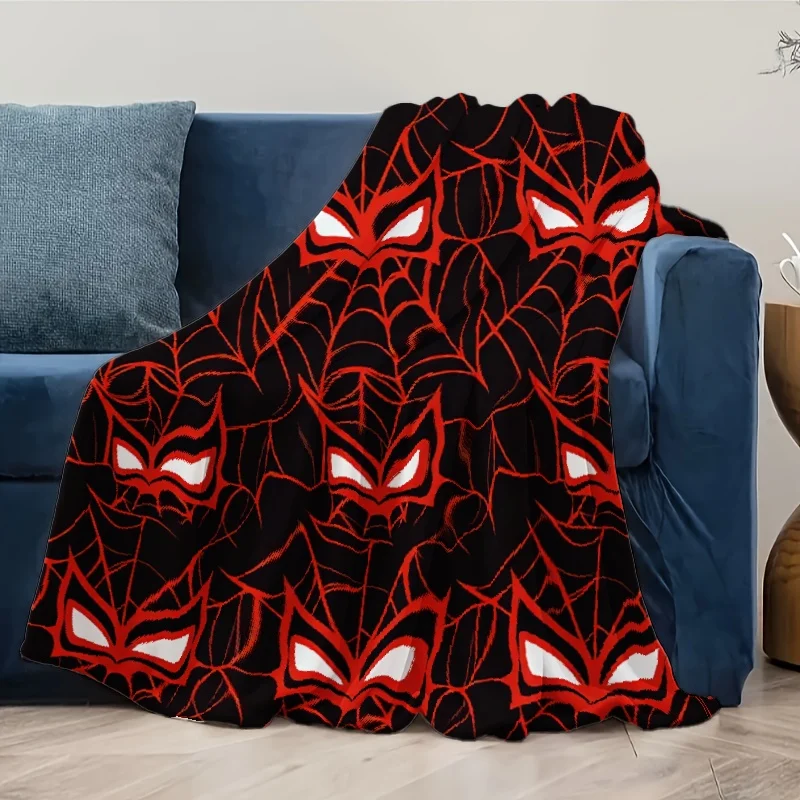 Spider Mask Web Print Throw Blanket, Black‑Red Spiderweb Pattern Soft Warm Flannel Blanket for Sofa Bedroom Home Decor