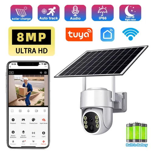 Tuya-cámara alimentada por energía Solar de 8MP, conexión Wifi, detección humana PIR, visión nocturna, diseño impermeable, batería interna de seguridad para exteriores