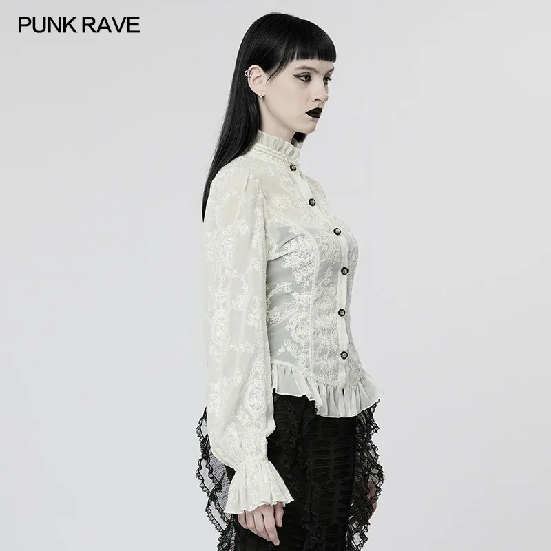 Imagem -06 - Punk Rave-blusa Gótica Feminina de Mangas Altas Bordada em Chiffon Perspectiva Camisa com Gola Ruffle Primavera Outono Cores