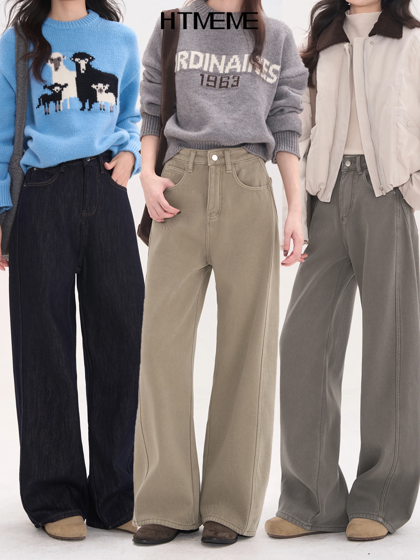 

High Waist Fce Lined Thi Straight Leg Wide Leg Casual Jeans Denim Pants High Waist Cotton Stretchy Autumn Ladies Jeans