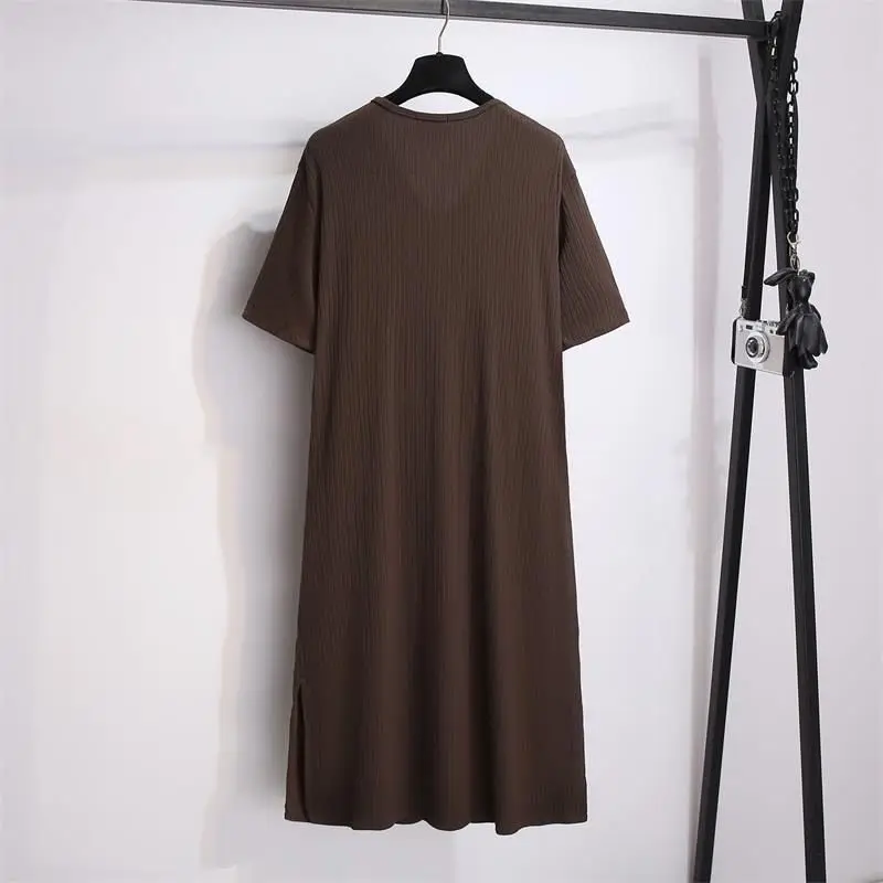 เสื้อผ้าผู้หญิงผ้าไหมน้ําแข็ง PLUS ขนาดเสื้อยืดฤดูร้อนแขนสั้น V คอเรียบง่าย VINTAGE MIDI ชุดลําลองแฟชั่น