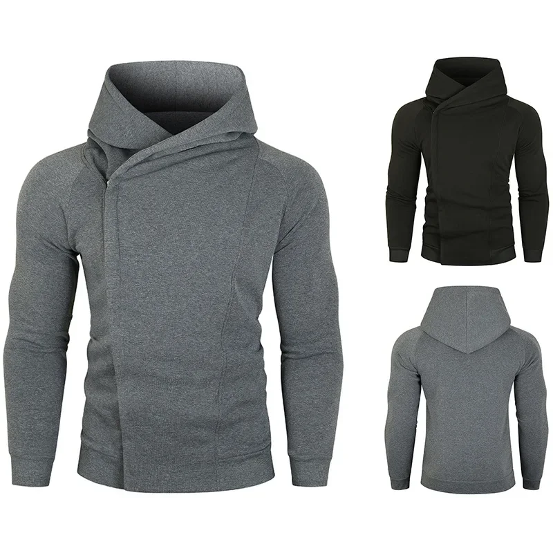 

2023 Autumn/Winter European Size New Men's Solid Hooded Long Sleeve Side Oblique Zipper Design Guard