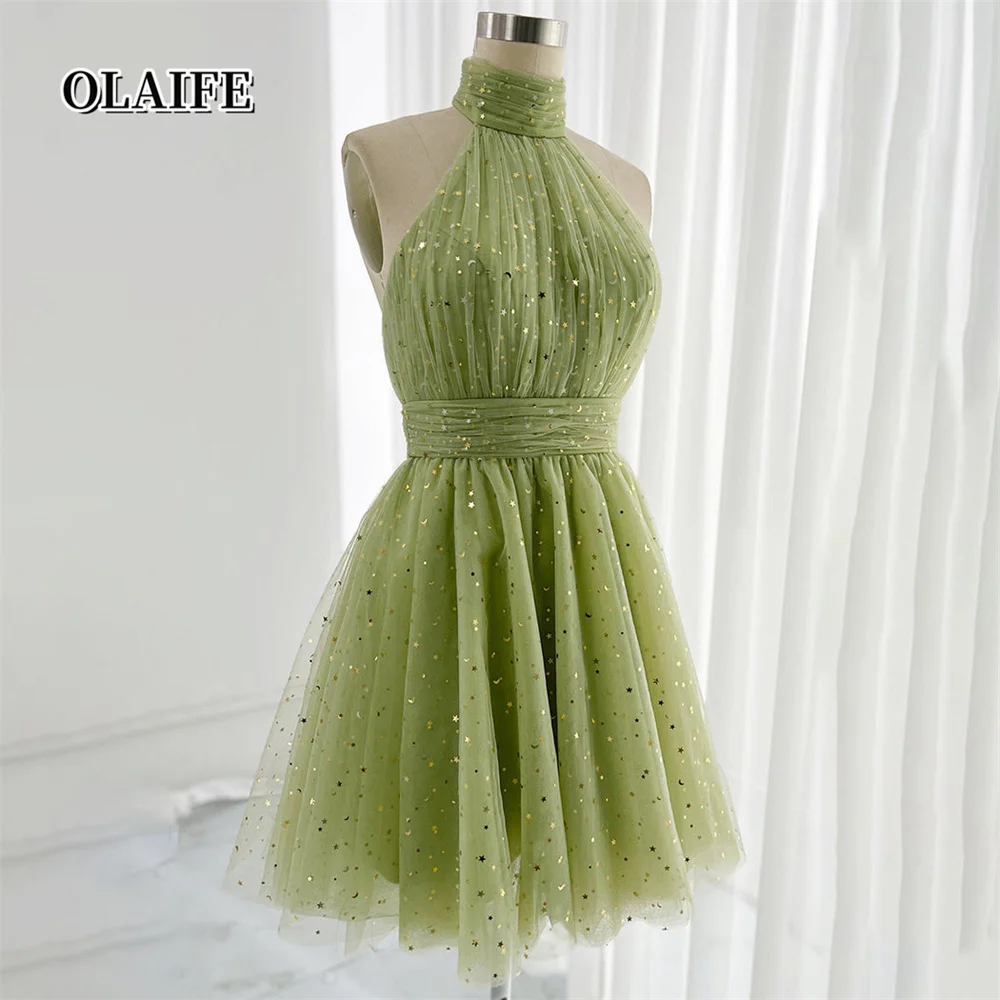 Backless High Neck Deaded Pleated Chiffon A-line Mini Homecoming Dress vestidos de gala vestidos para eventos especiales