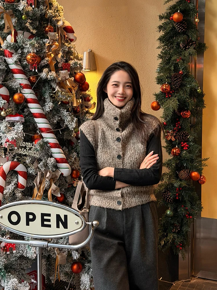 

Loose Korean Sle High Collar Single Button Knitted Vest Women's Spring Casual Layering oulder Bared Outerwear Trendy