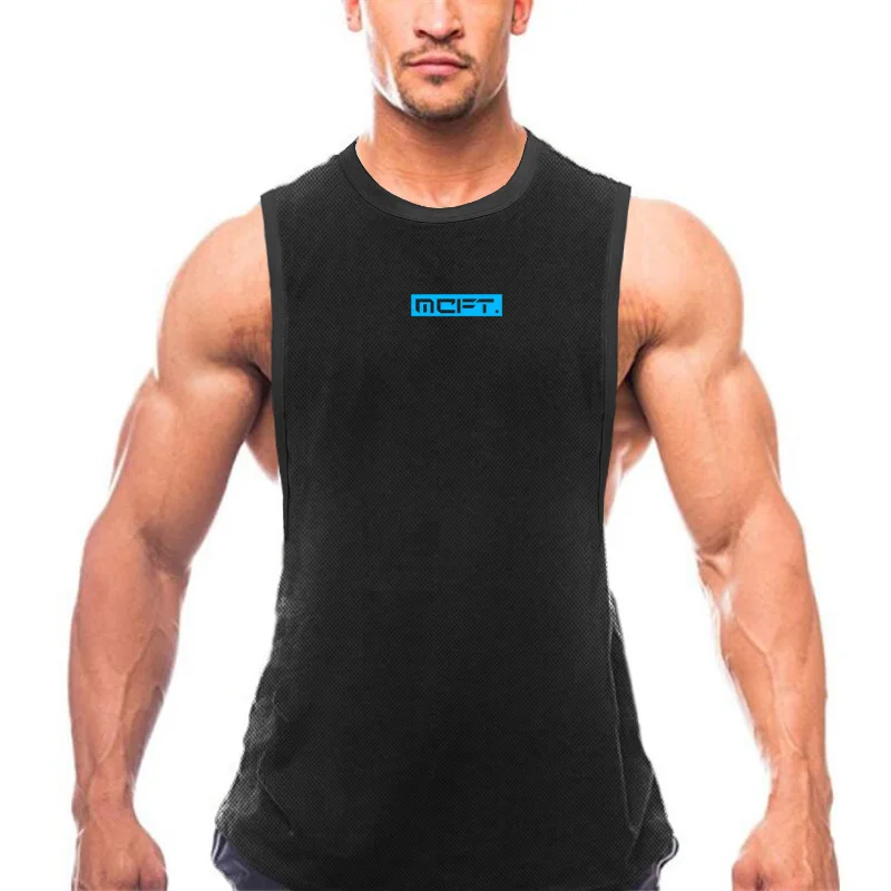 Letter Printed Men's Mesh Bodybuilding Fitness Workout Mens Quick Drying Summer Brethable O-neck Tank Top 4 Sizes