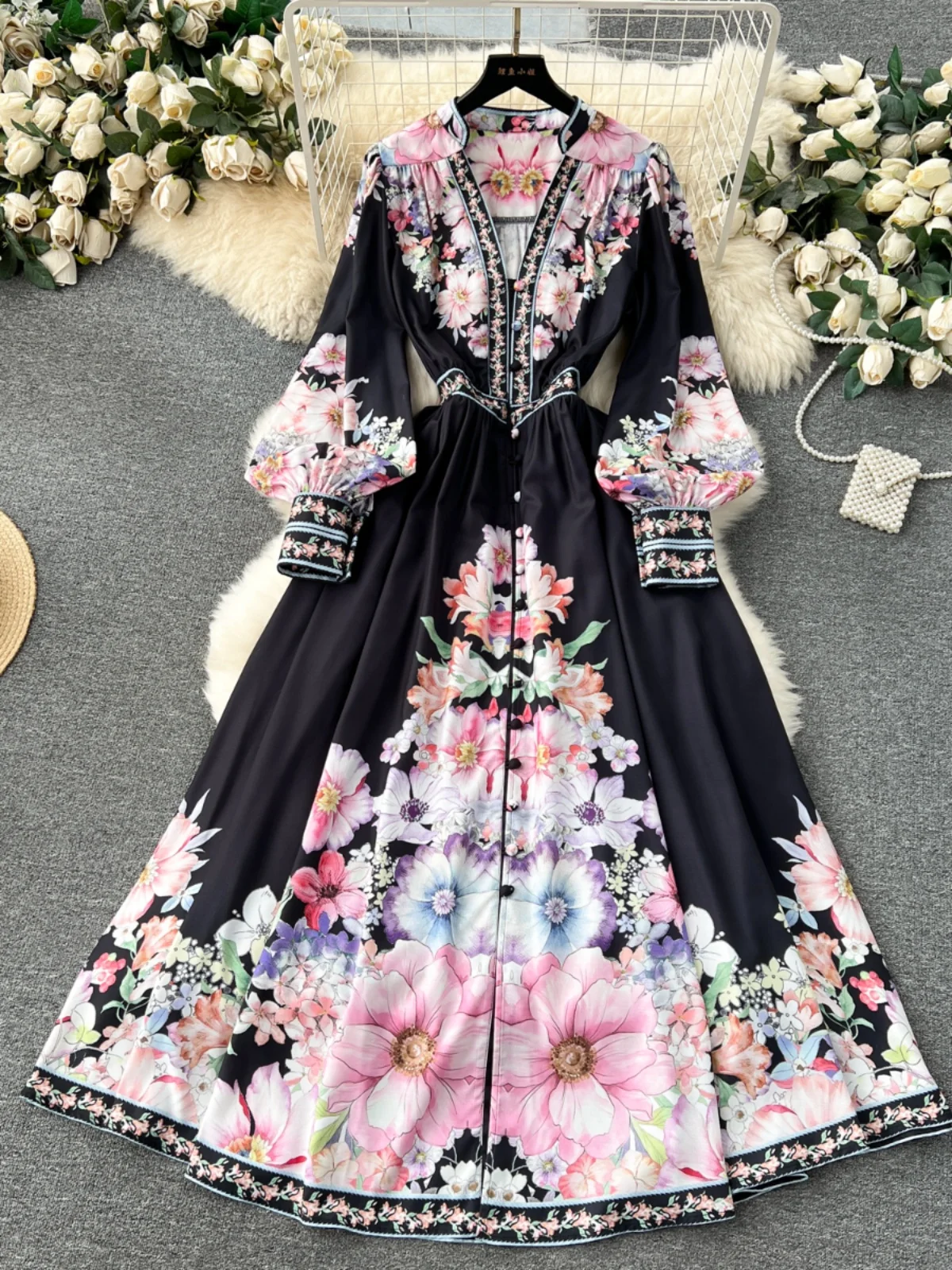 Ele longue bulle Sve Dr bouton détail rétro imprimé coupe ajustée printemps 2024 coréen Sle taille haute robe trapèze