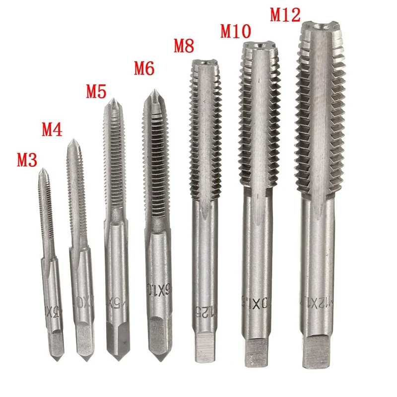 

M3-M12 HSS Metric Right Hand Machine Straight Fluted Screw Thread Tap Set Metric Plug Tap Drill Bits Set Hand Tools 7Pcs