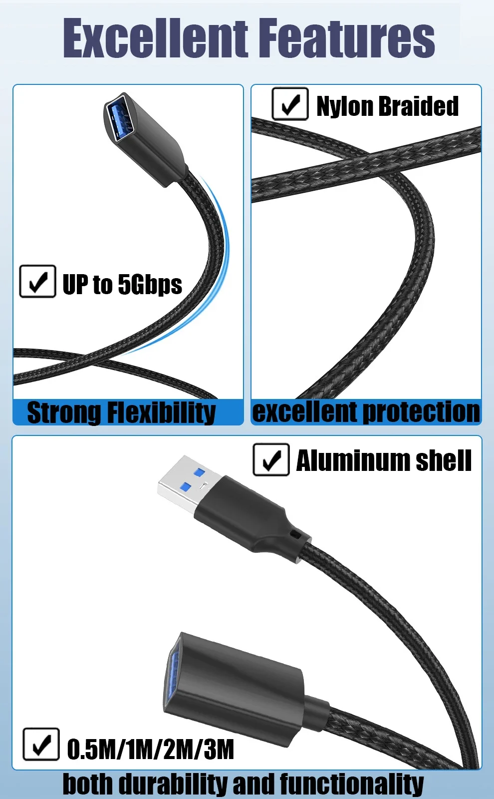 Nylon Braided USB 3 extension 0.5m 50cm Shielded USB 3.0 Extension Cable 1m 2m 3m 3 meters USB 3.0 Male to Female Extender Cord