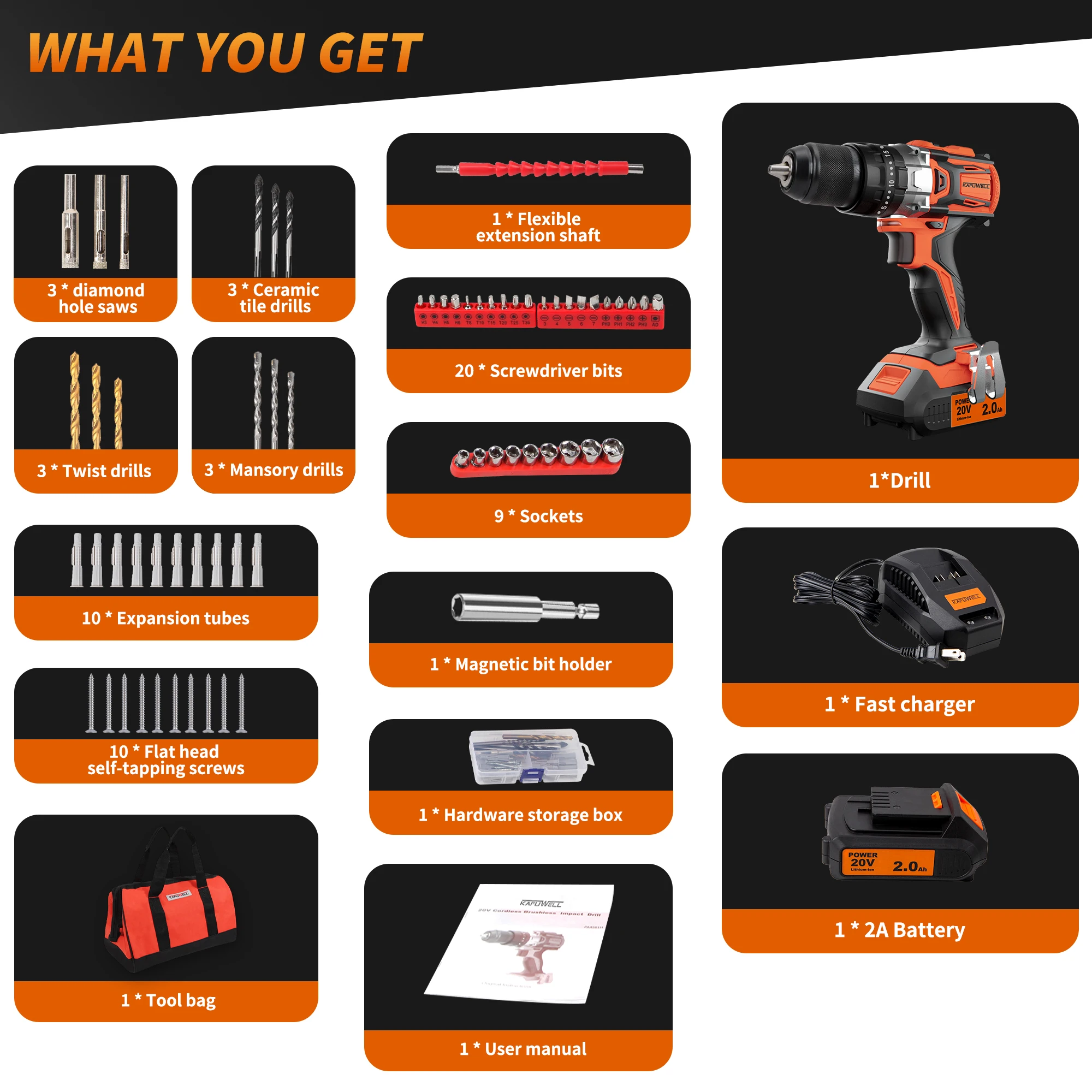 KAFUWELL Professional Working Tools 18pcs In One 4.0ah 5.0ah 6.0ah Battery 18v 20v 21v Cordless Hammer Drill Combo Set