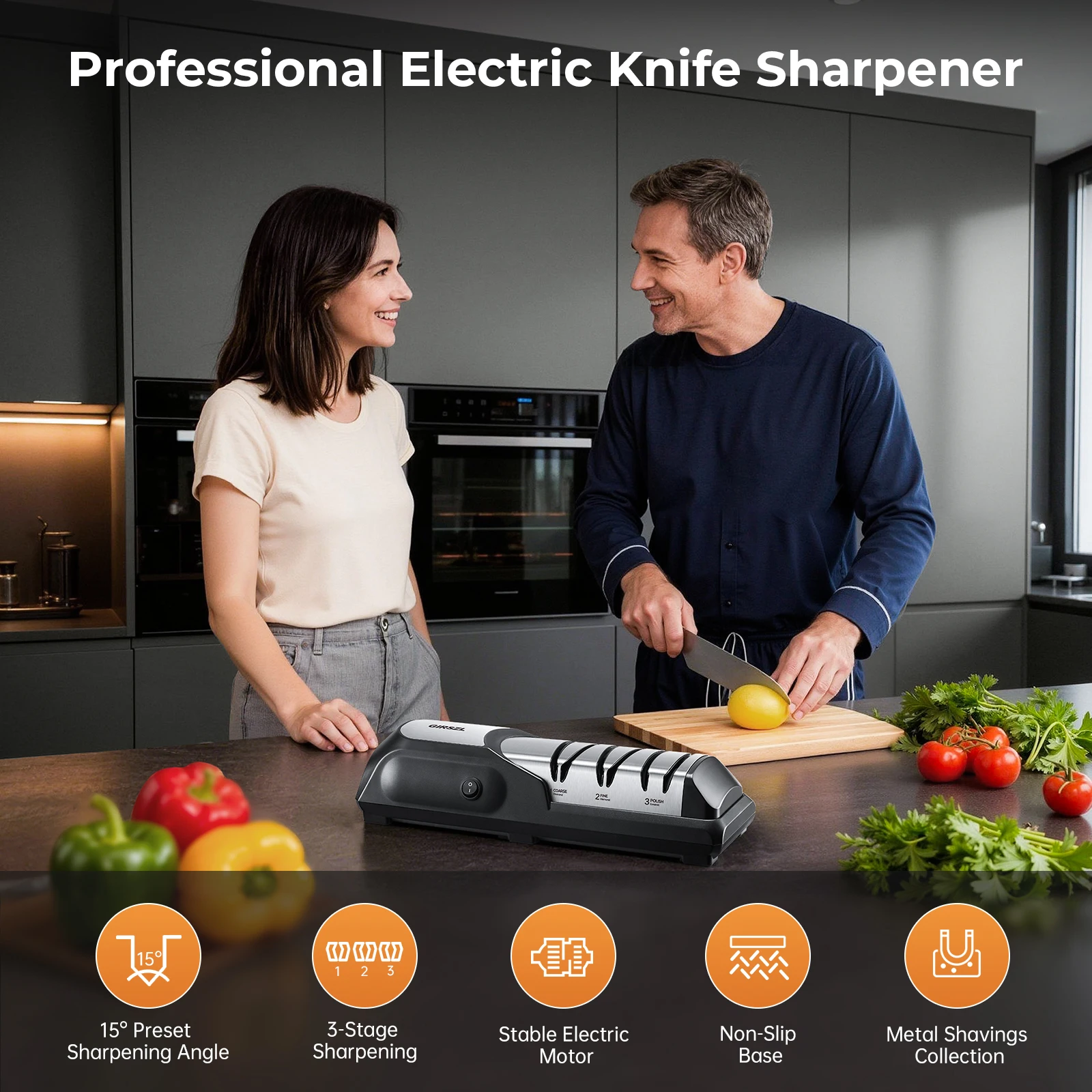 Electric Knife Sharpener One Touch Safe Family Use with Fixed 15° Angle Diamond Wheel Quiet Pure Copper Motor for Chef Kitchen Steak Paring Ceramic Knives