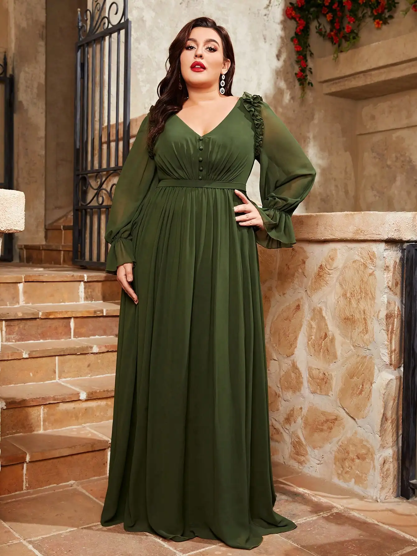 Mgiacy plus size V-neck retraction Lantern sleeve chiffon full skirt Evening gown Ball dress Party dress Bridesmaid dress