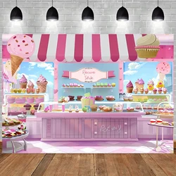 Ice cream shop background, summer pink sweet candy princess girl shower, birthday photography background, donuts