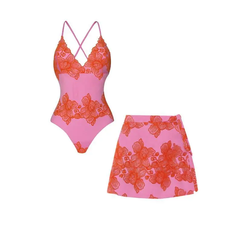 Flaxmaker 2025 One Piece Swimsuit and Skirt Sexy V Neck Party Swimwear Adjustable Shoulder Straps Pink Print Swimsuit Beachwear