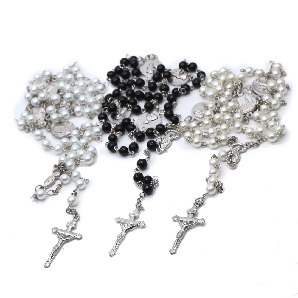 Catholic Black Crystal Cross Pendant Necklace Vintage Men and Women Jesus Religious Jewelry Rose Prayer Beads 8mm Gothic Alloy