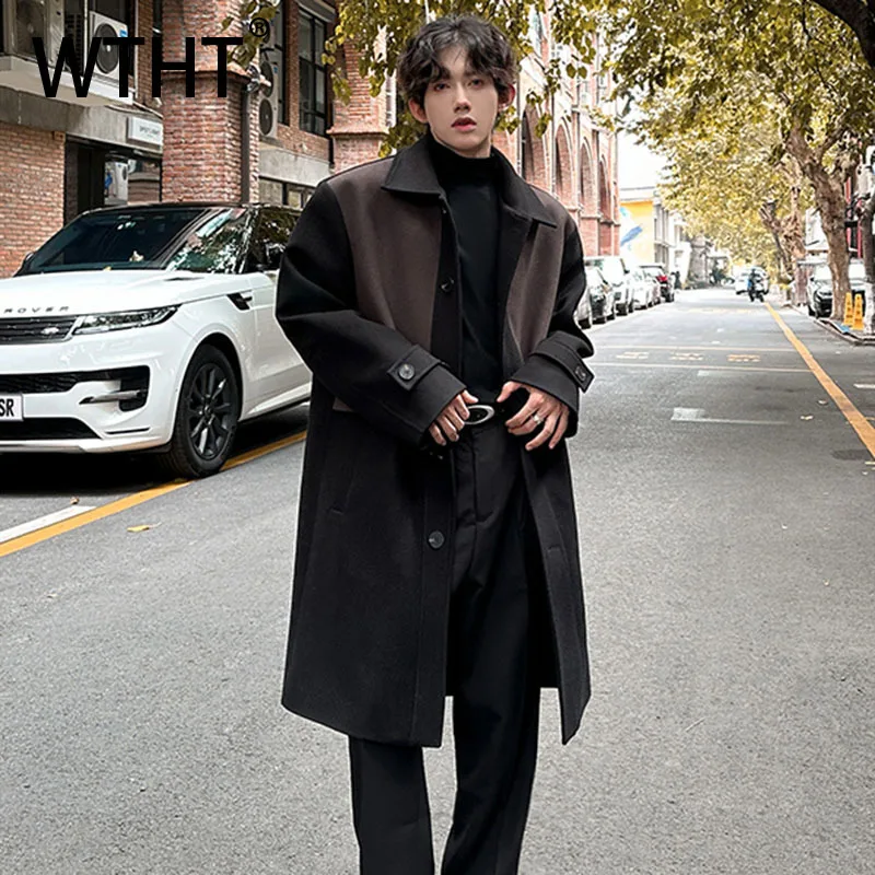 WTHT Fashion Men's Soliced Contrast Color Overcoat Trendy Korean-style Long Sleeves Lapel Windbreaker Male 2025 Autumn 2A2184