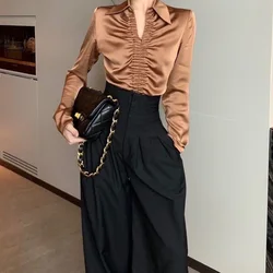 2023 New Autumn Temperament Pleated Solid Color V-neck Long Sleeve Blouse Ladies Fashion Patchwork Pullover Trend Women's Shirt