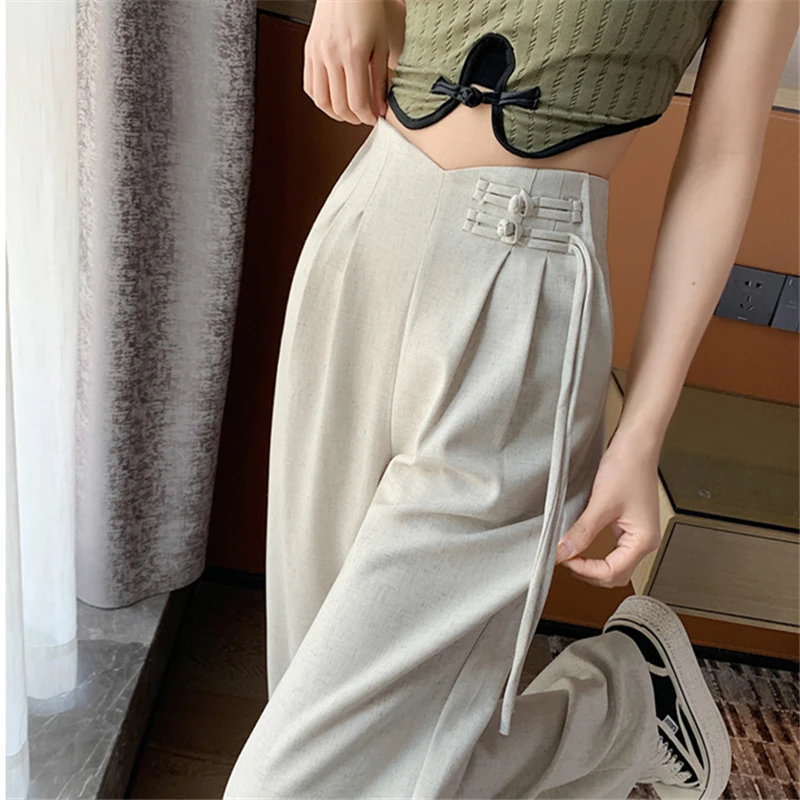 2024 New Linen High Waist Suit Wide Leg Women\'s Full Pants Spring Summer Female Elegant Minimalism Straight Loose Trousers