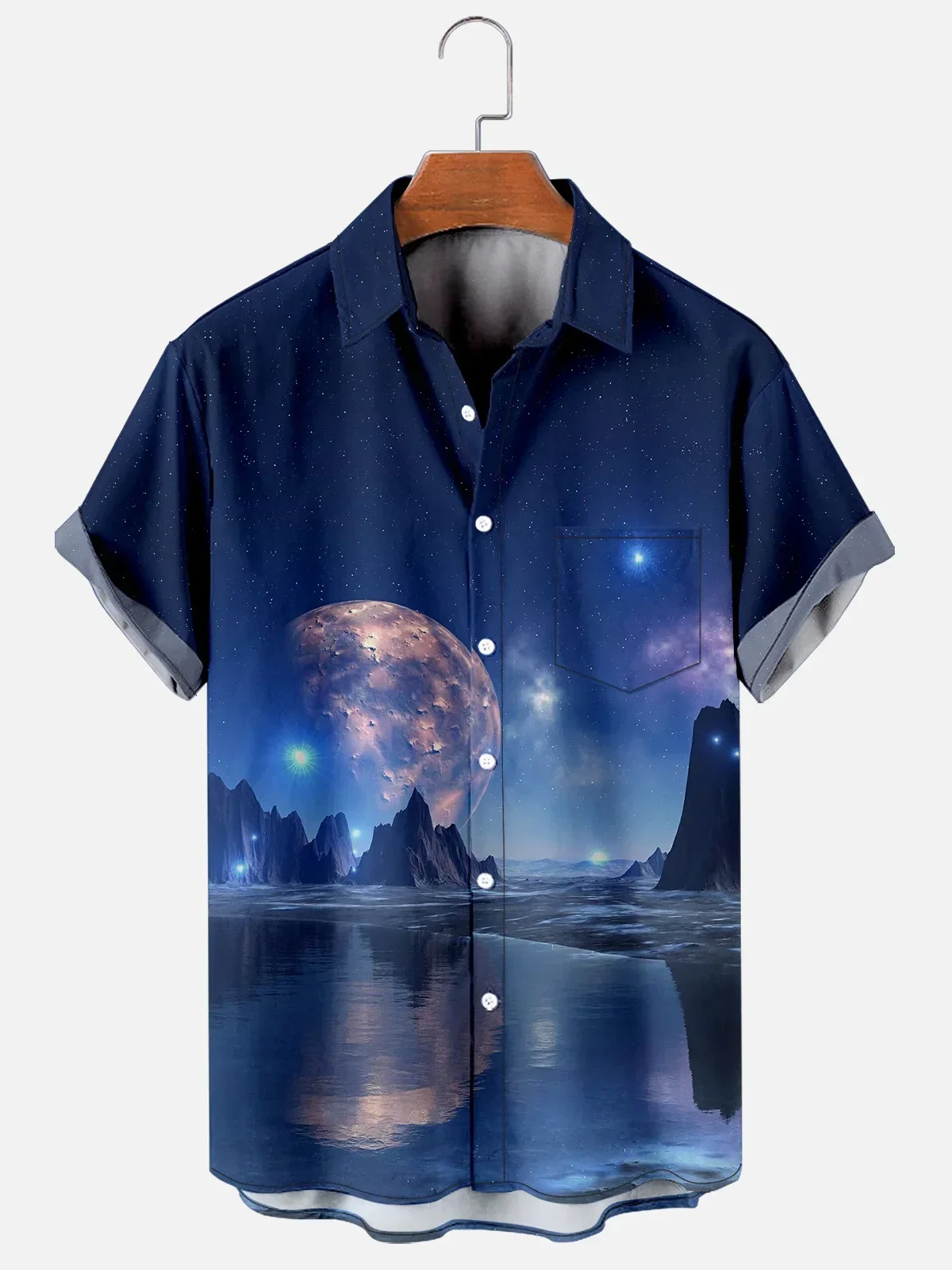 

2024 New Creative Planet Print Men's Shirt Single Button Fashionable and Handsome Large Size Men's Short Sleeve Shirt Top