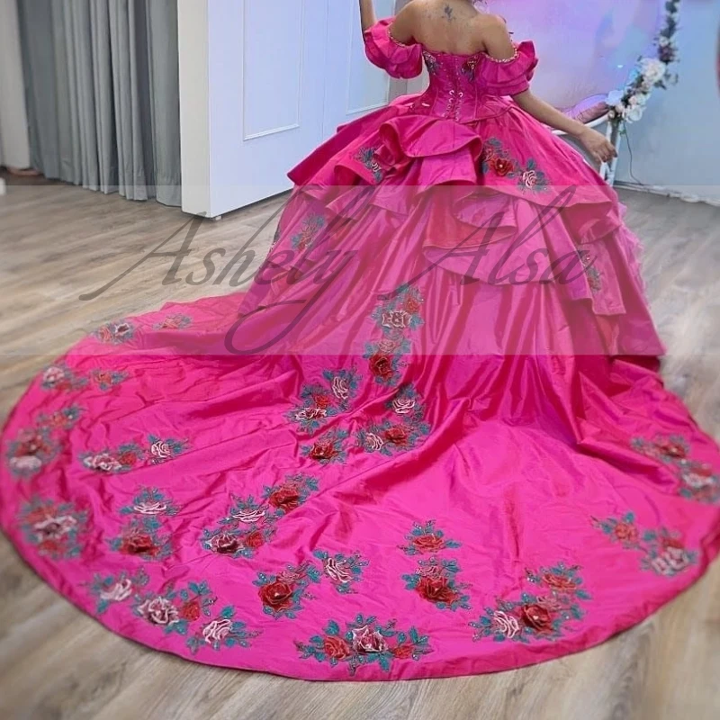 Mexican Fuchsia Princess 15 Girl Quinceanera Ball Gown Dress Off The Shoulder Flower Applique Ruffle Women Prom Party Dress 16