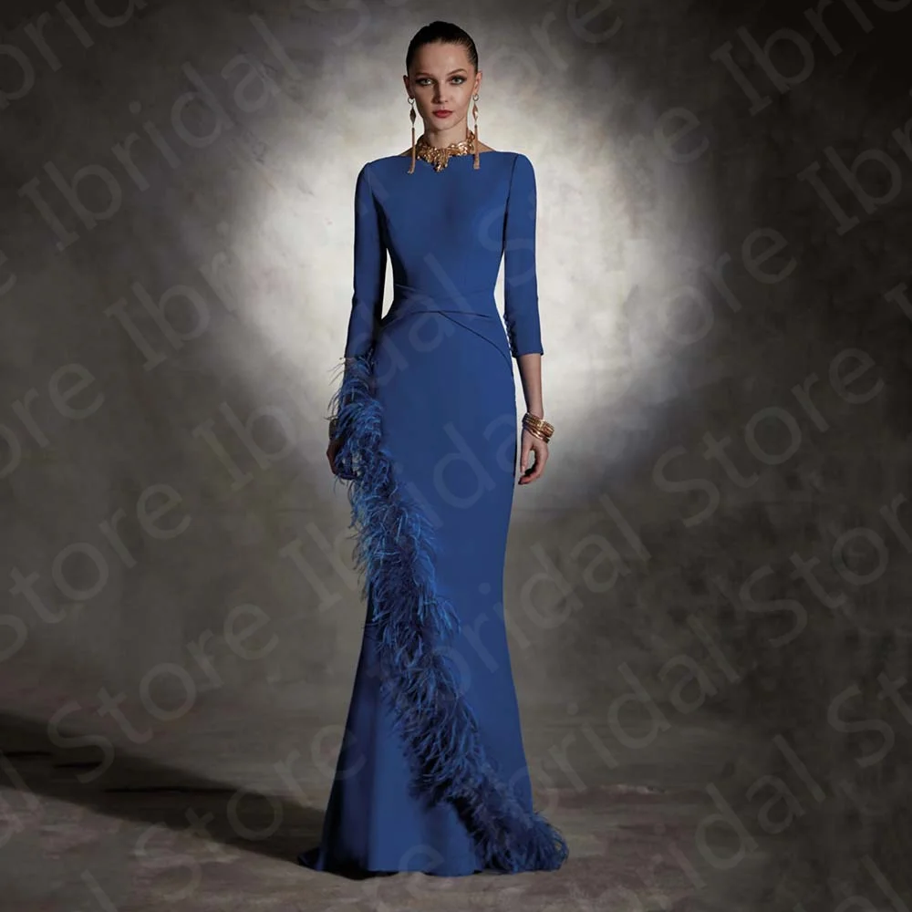 Graceful Dark Blue Mermaid Mother of the Bride Dress Boat Neck Feather Mother Dresses 3/4 Sleeves Wedding Guest Gowns Back Out