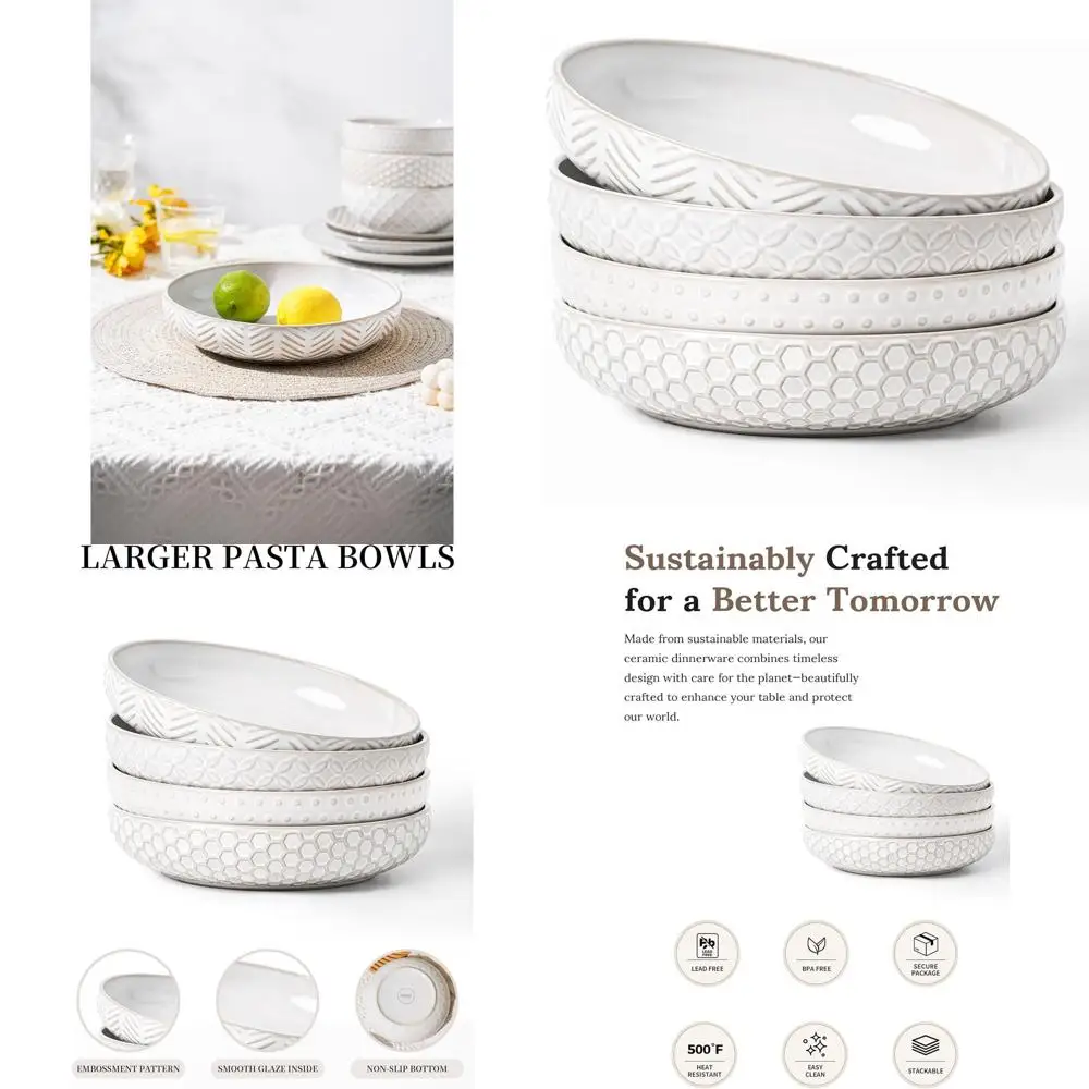 

9-Inch Ceramic Pasta Bowls Set of 4, 42 oz, Ideal for Pasta, Salad, Fruit, Durable & Stackable, Safe for Microwave & Dishwasher