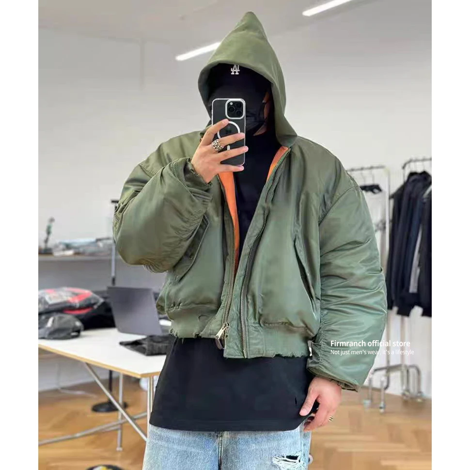 Firmranch Paris Style Winter Green Padded Bomber Jacket For Men Women Orange Lining Hooded Thick Baseball Coat Street Outfits