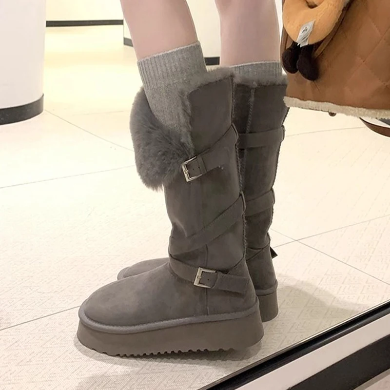 Women Fur Mid Calf Boots Flats Platform Shoes Plush Warm Snow Boots 2025 Winter Trend Sport Shoes Casual Chelsea Boots De Mujer