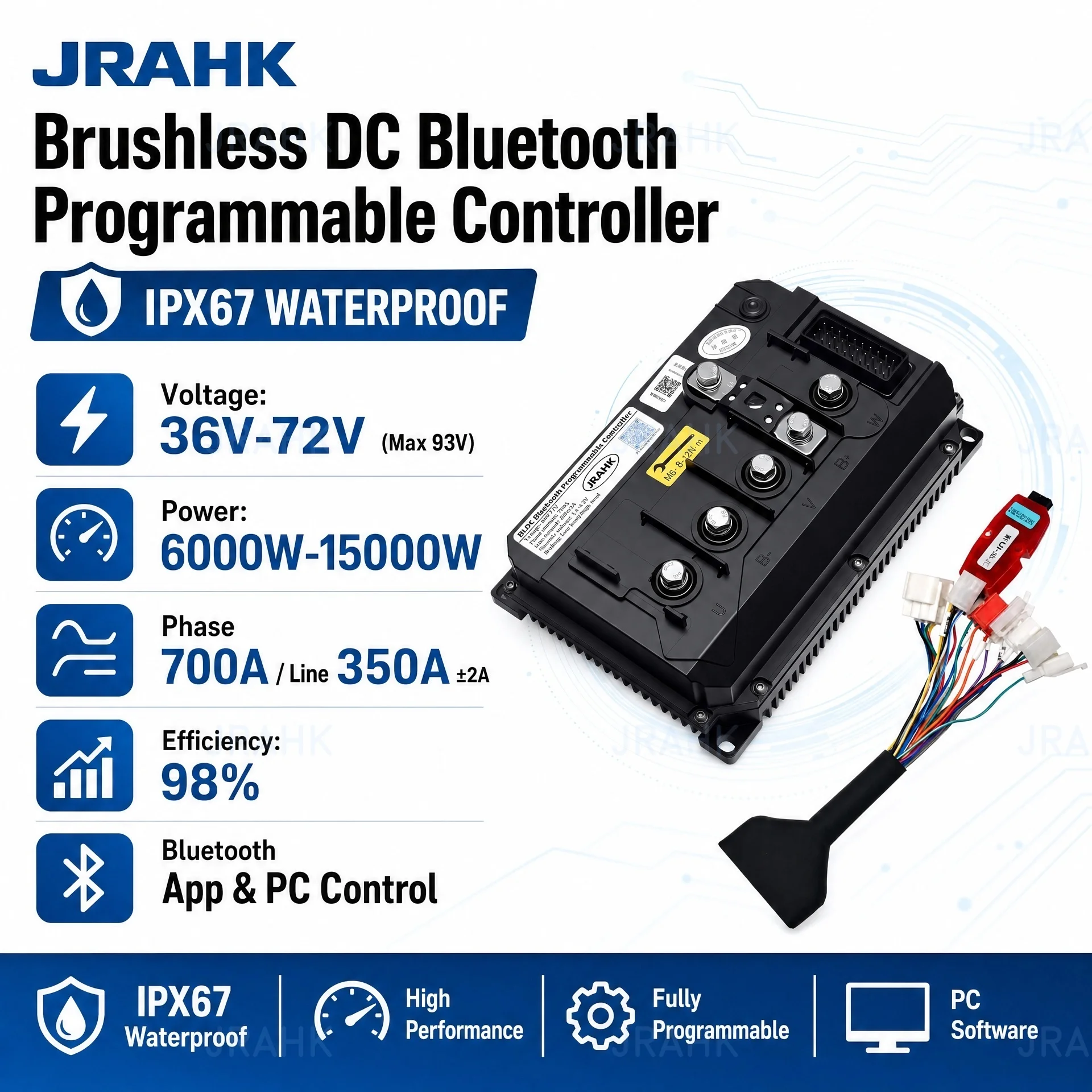 

JRAHK 6000W-15000W 36V-72V 350A BLDC Motor Controller for Electric Motorcycle E-Scooter Hub Mid Drive Motor PMSM