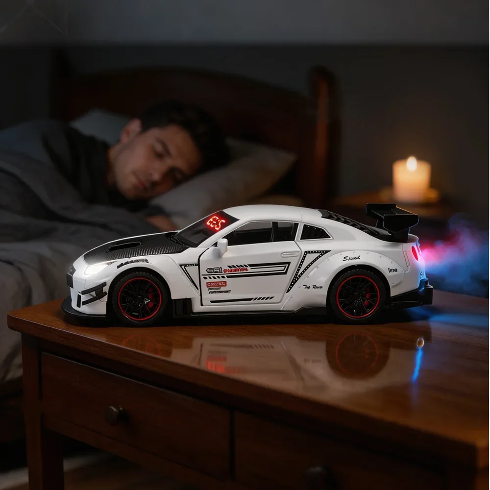 1PCS Remote Control Car Alarm Clock, Rechargeable LED Digital Hypercar Clock, Realistic Engine Sound, Water Spray Exhaust Light