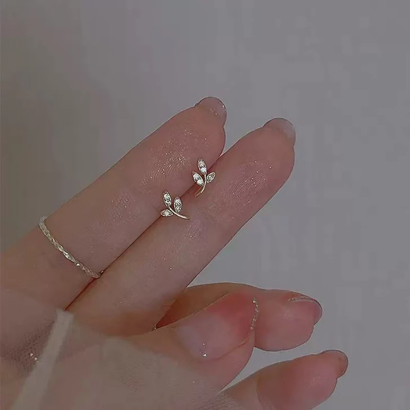 Real 925 Sterling Silver Zircon Leaves Mini Stud Earrings For Women Party Classic Fine Jewelry Small Niche Plant Accessories view 4