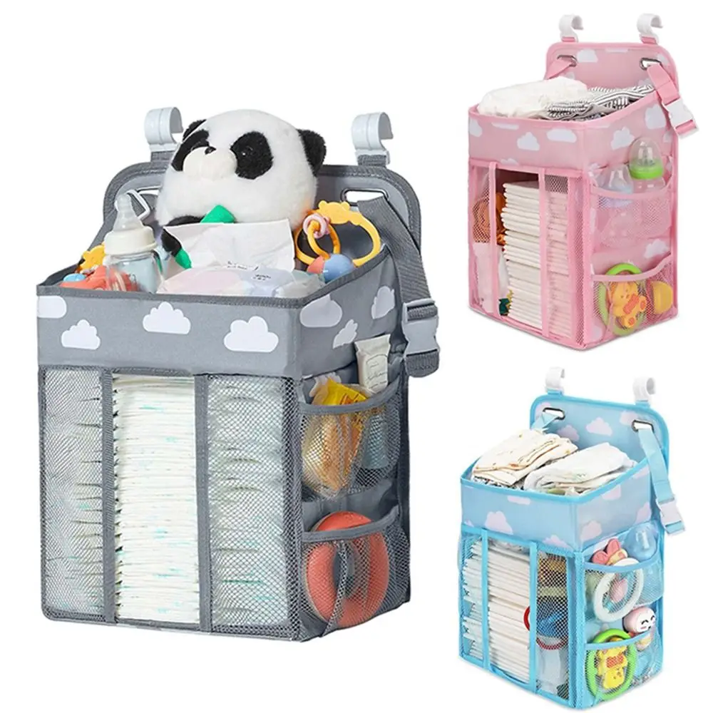 

Large Capacity Baby Bed Storage Organizer Foldable 2 C-clip Diaper Stacker 2 Compartments Space Saving Crib Hanging Storage Bag