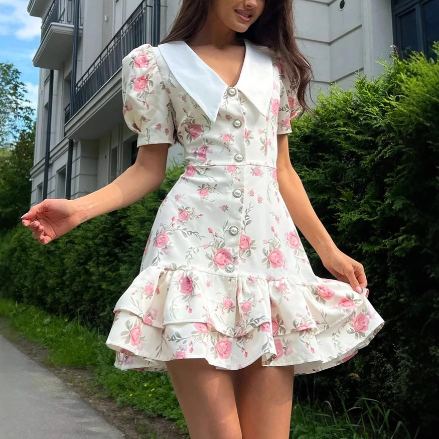 

French V-neck Puff Sleeves Fashion Printed Ruffle Dresses High Waist Slim Fit Short Sleeves Mini Skirt Casual Temperament Dress