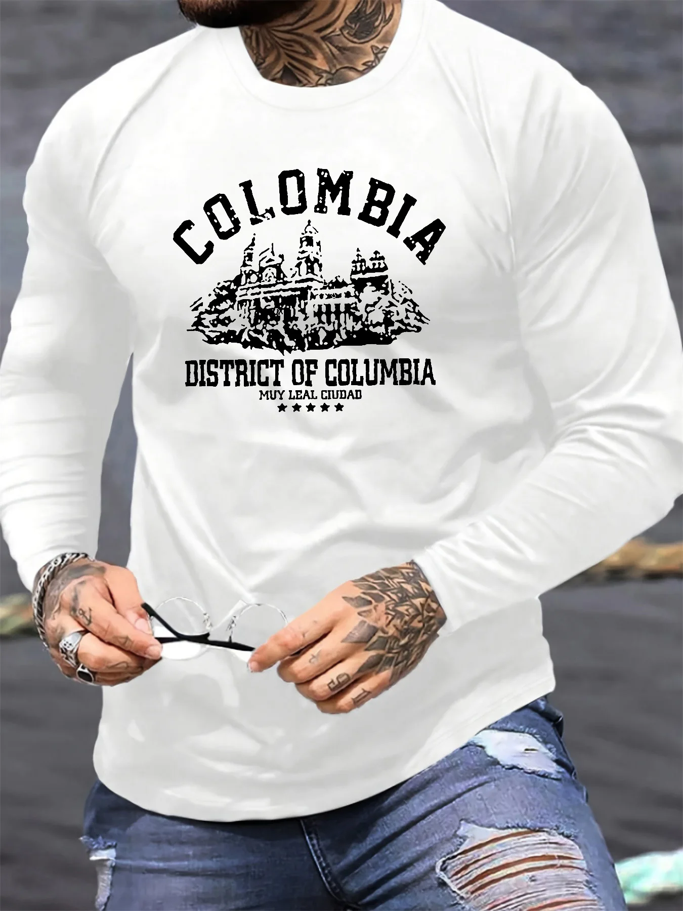 เสื้อยืดคอกลมแขนยาวผู้ชายผ้าฝ้าย 100% ลายพิมพ์สถาปัตยกรรมโคลอมเบียทรงหลวม สไตล์ลำลองอเนกประสงค์สำหรับฤดูใบไม้ร่วง/ฤดูหนาว