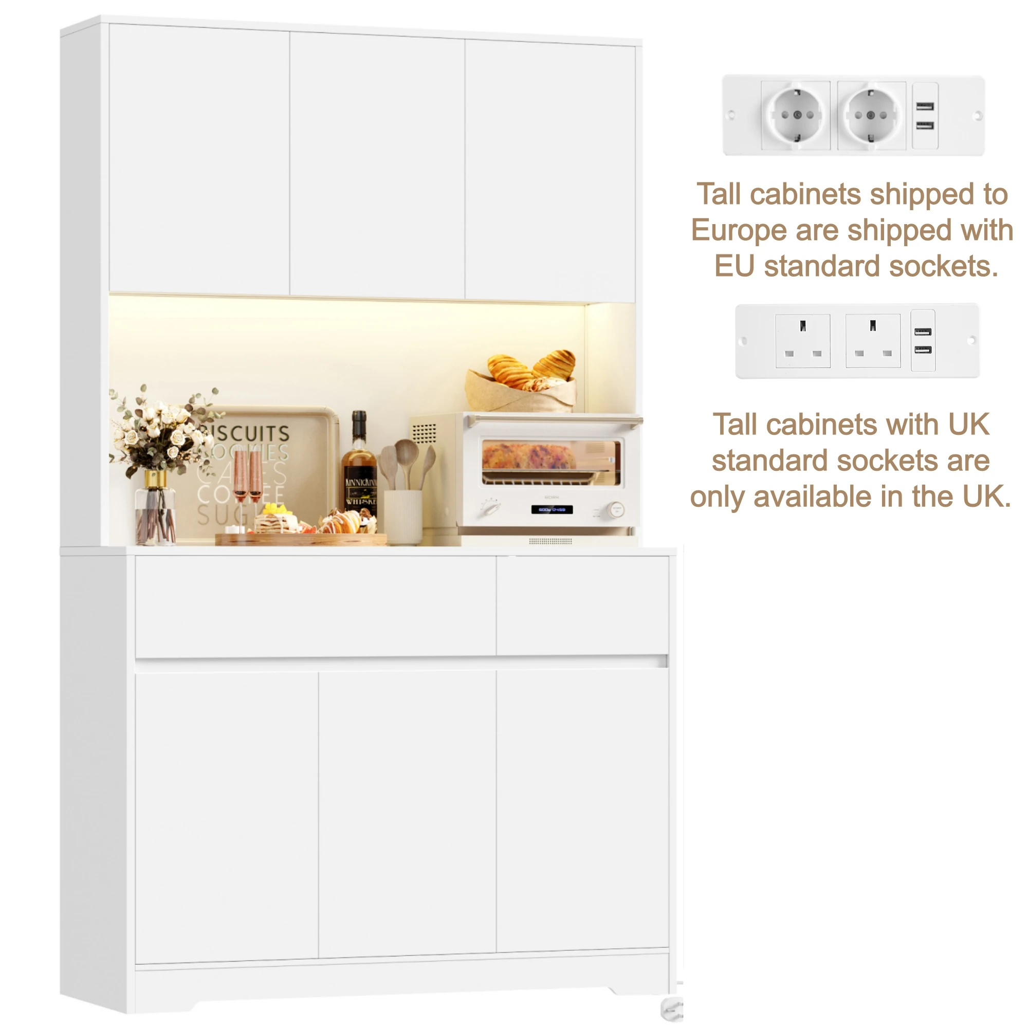 Getone hoge kast keuken 180 cm kast dressoir met LED, stopcontact, dressoir opbergkast met 6 deuren en 2 lades verstelbare planken 180x100x38,5 cm