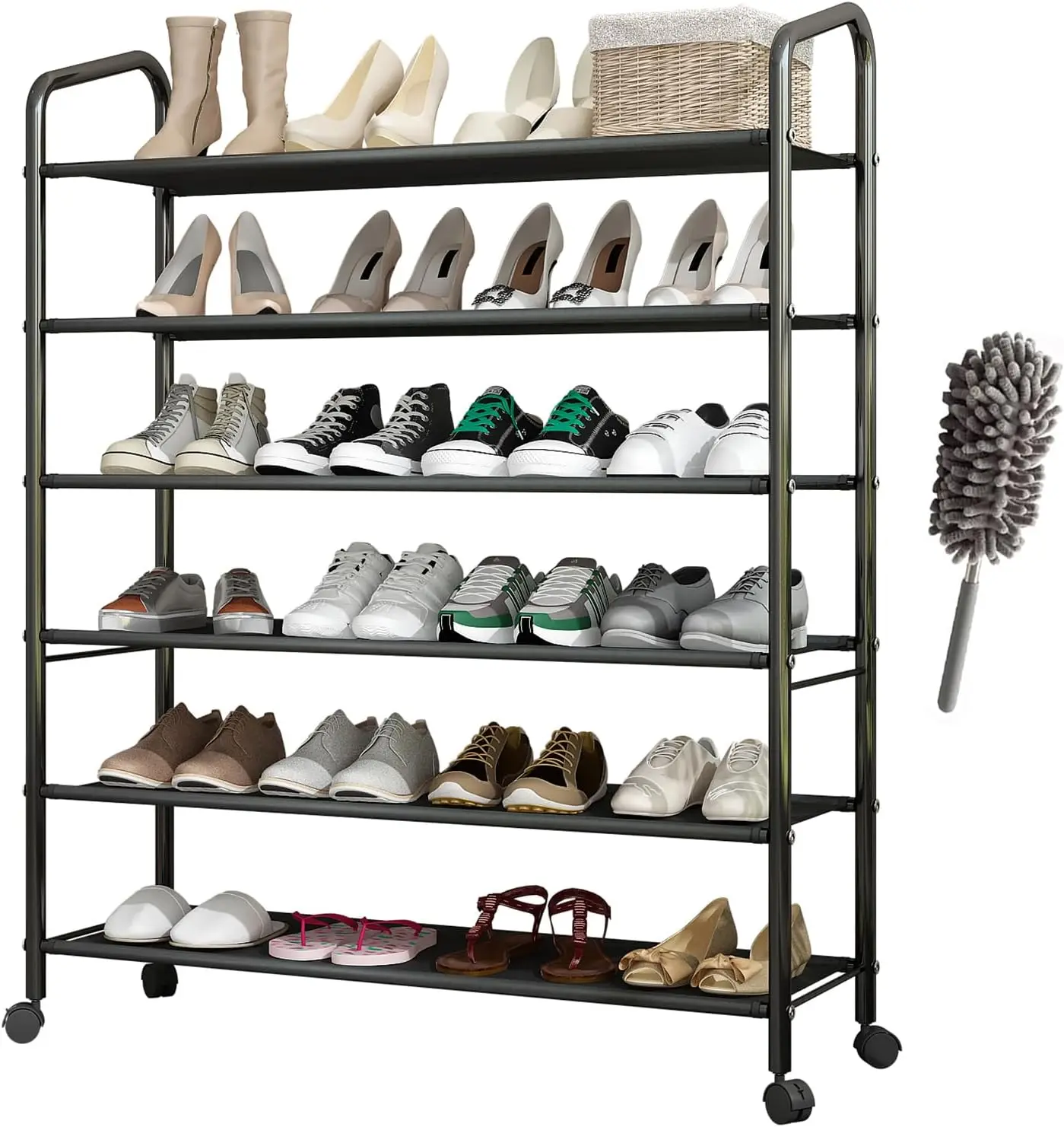 Tall 6-Tier Metal Shoe Rack,Non-Woven Fabric Shoe Shelf,Large Storage Racks with Locking Wheels,Rolling Shoe Storage Organizer S