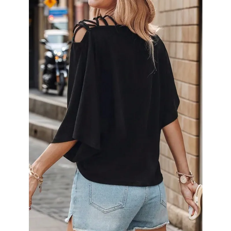 حجم كبير 1XL-5XL جديد المرأة عادية محبوك تي شيرت السيدات عادية غير المتماثلة الكتف حزام مزدوج المرأة تي شيرت