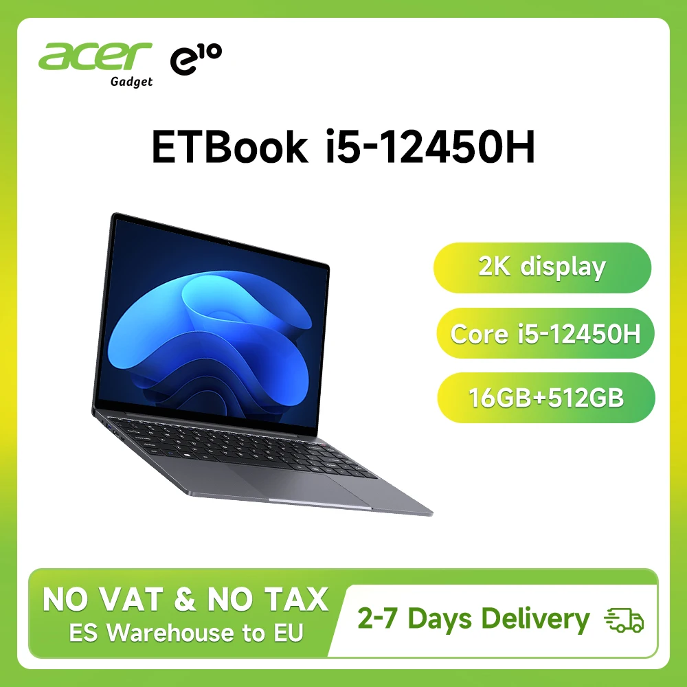 Portátil Acer Gadget e10 ETBook, Intel Core i5-12450H, 16 GB de RAM, 512 GB SSD, 14 pulgadas, resolución 2160X1440, 8 núcleos, 12 hilos, BT5.2, WiFi6, Windows 11, ordenador para oficina y estudio
