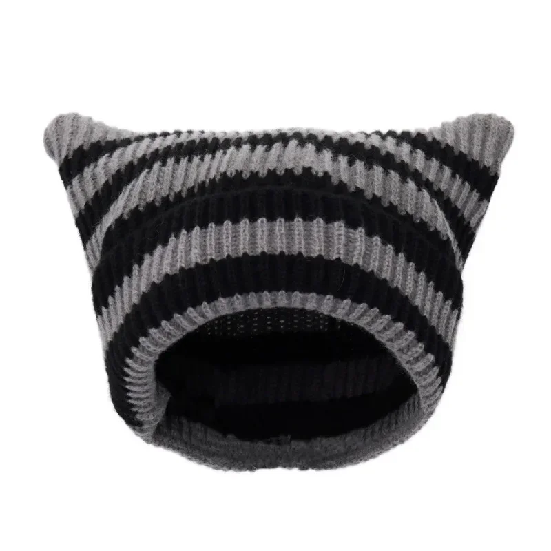 Japanese Y2K Cute Black White Striped Cat Ears Wool Hat Women Autumn Winter Warm Little Devil Hanging Ball Knitted Beanie hat