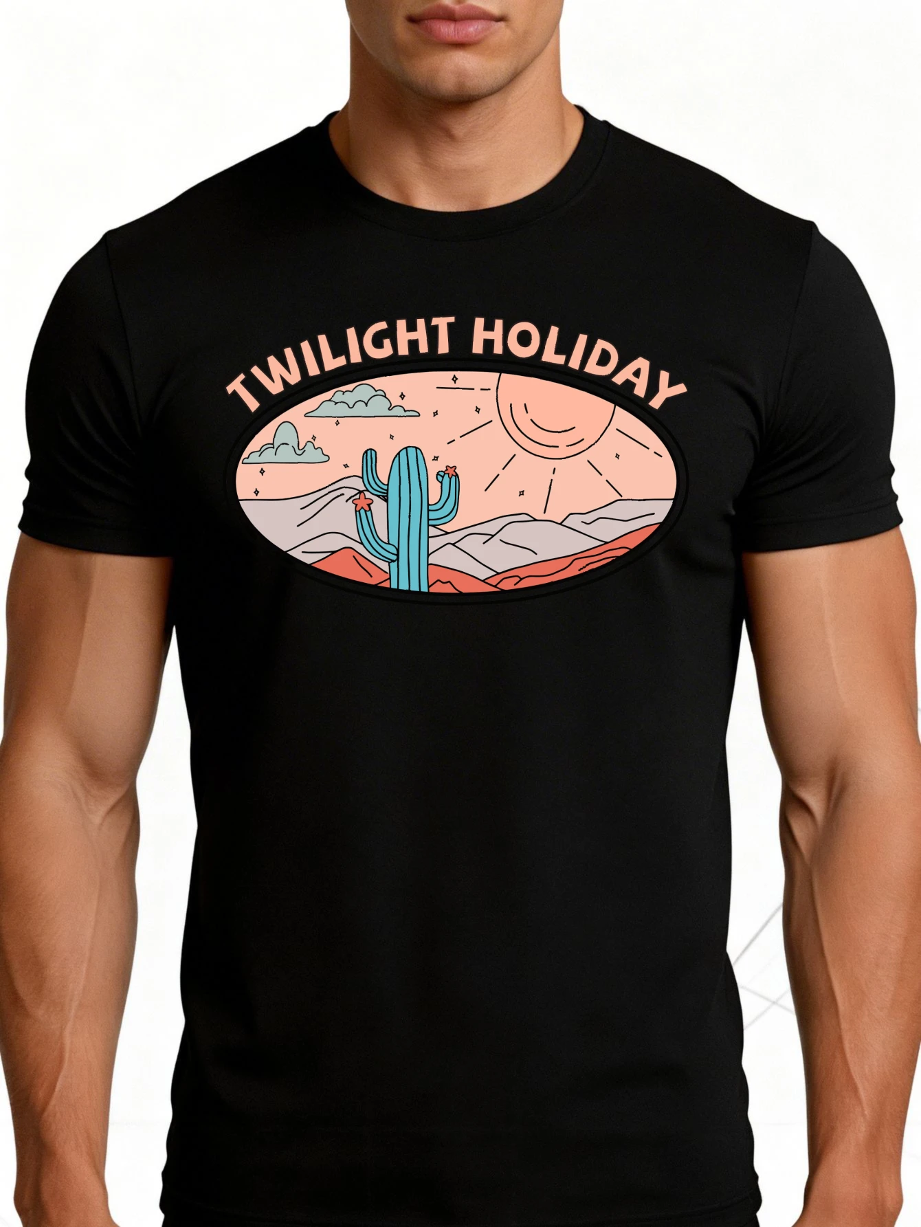 Men's Plain Graphic T-Shirt - Breathable, Soft, Lightweight - Sunset Holiday Desert Cactus Sun Scene - Vintage Fun Graphic Casual Short Sleeve Summer Top, a Great Gift for Him