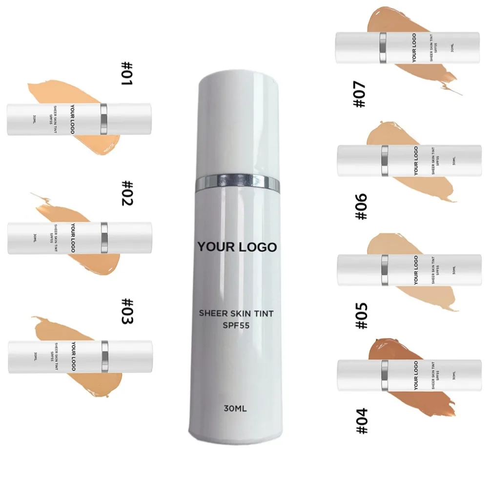 Logotipo personalizado vegano privado 14 colores botella blanca SPF55 + crema de protección para cara cuerpo control de aceite blanqueamiento UV crema solar maquillaje
