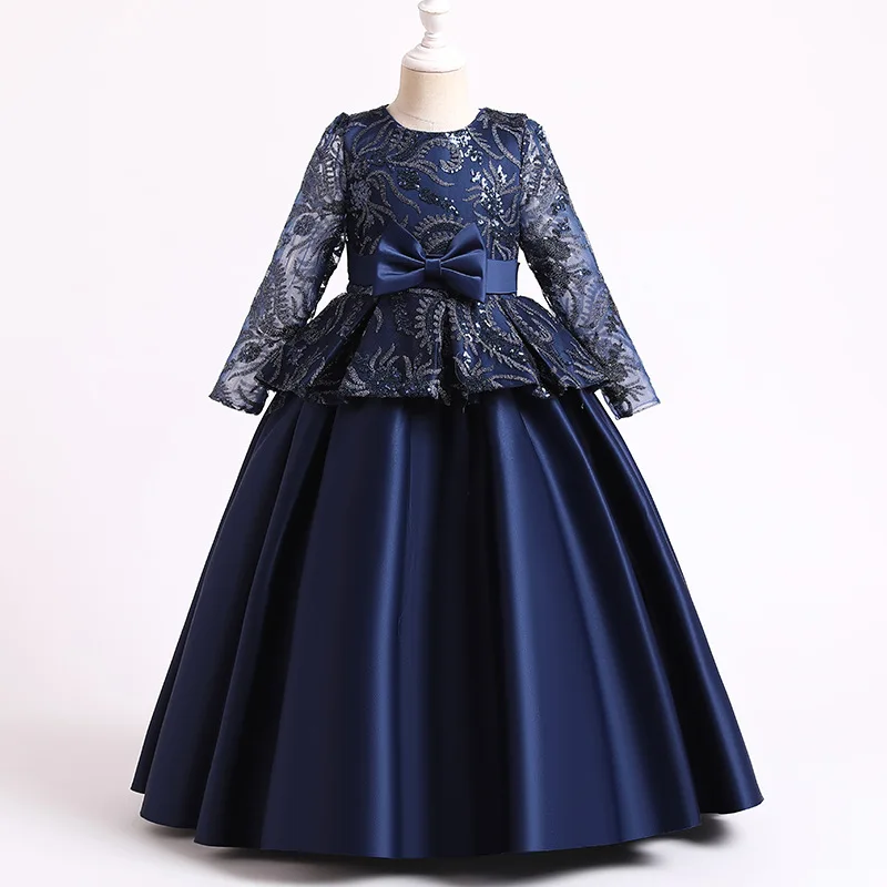 Fashion Children's  Satin Bow Printed Princess Dress Host Long Children's Piano Performance Dress