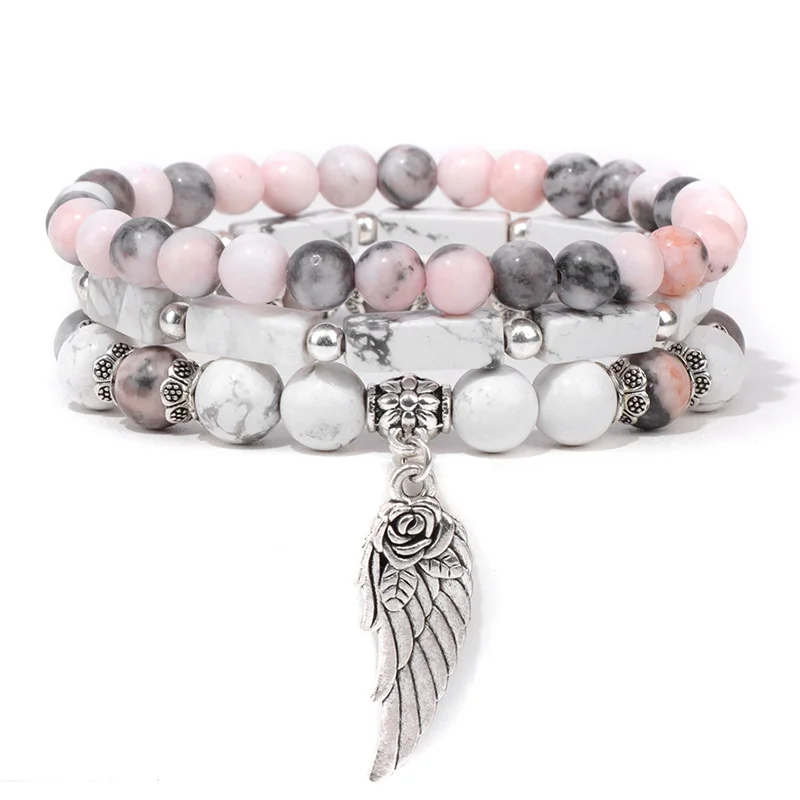

3pcs/set Multicolor Pink Zebra Beads Bracelet Women Natural Stone Quartz Crystal Rose Wing Pendant Bracelets Girls Jewelry Gift