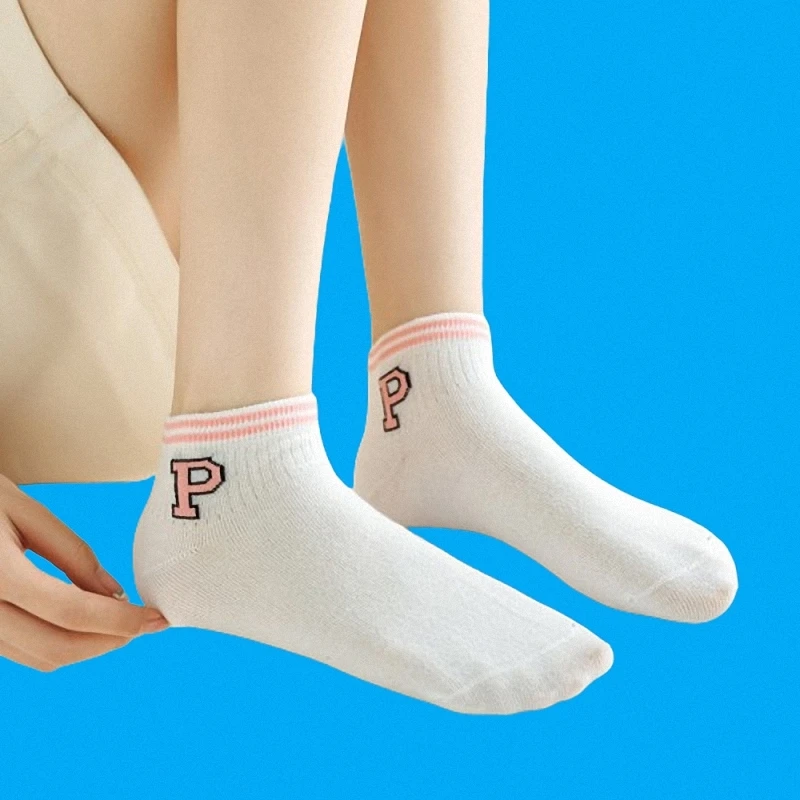 Calcetines de algodón de tubo medio para mujer, medias informales con letras, estilo universitario, doble barra, color blanco, para las cuatro estaciones, 5/10 pares