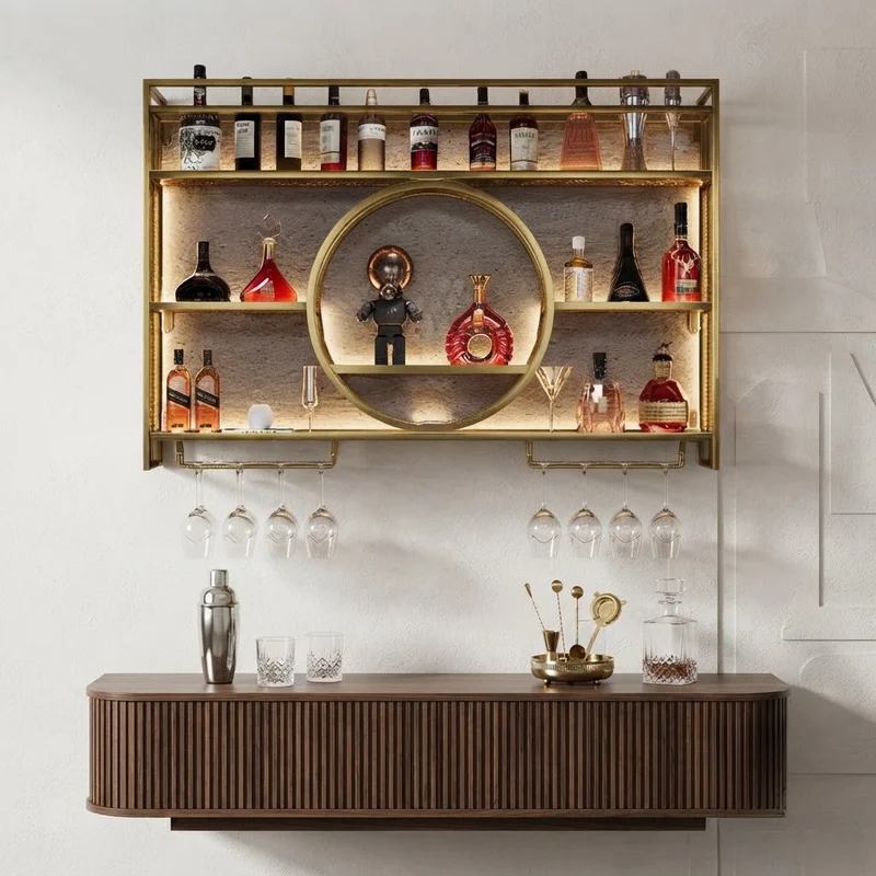 & Wrought Iron Bar Rack Wall Mounted Wine Cabinet Storage Display Shelving For Dining Room Kitchen Counter Home