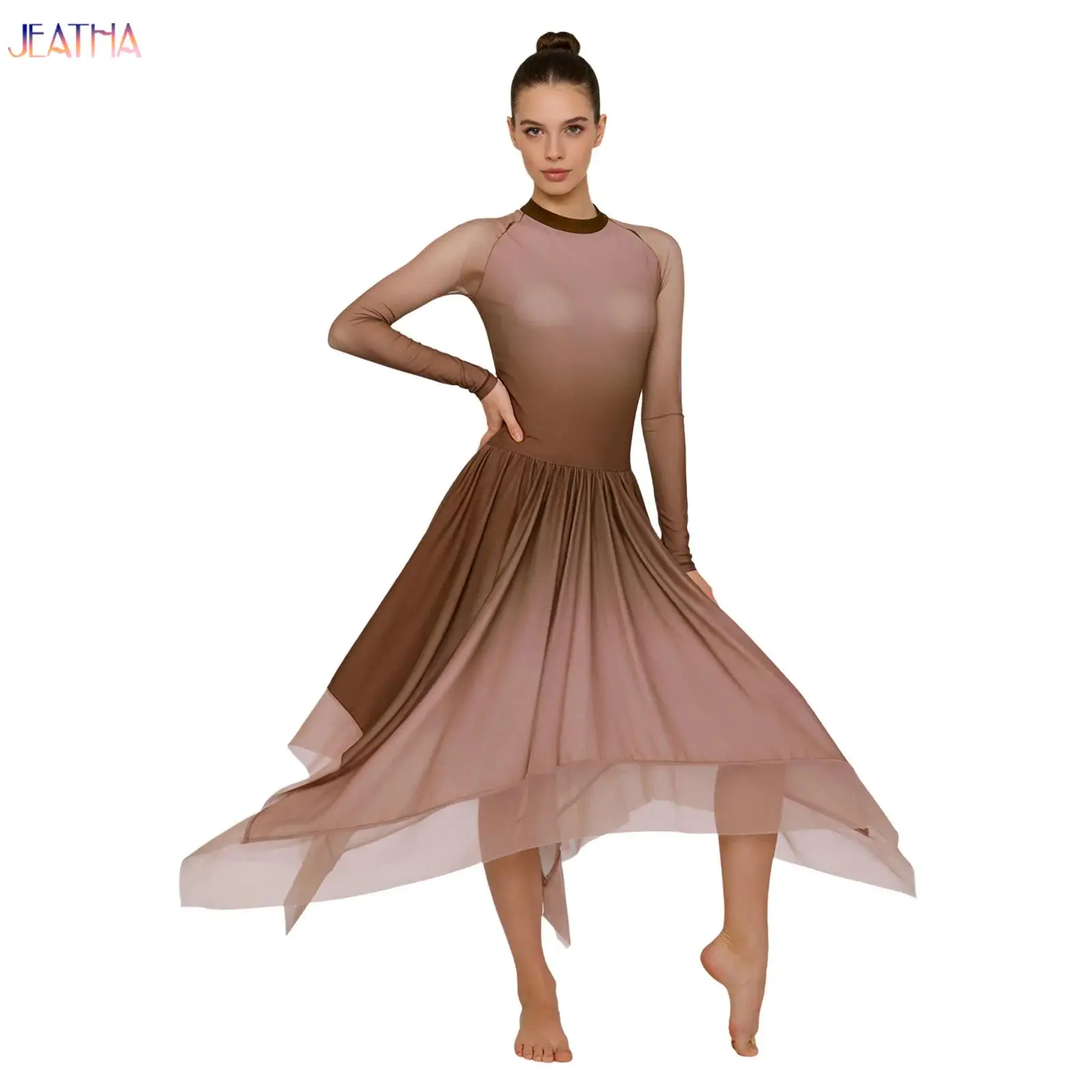 Lyrical Dance Dress Womens Long Sleeve Mesh Irregular Hem Back Keyhole Leotard Dress for Figure Skating Modern Dance Costume