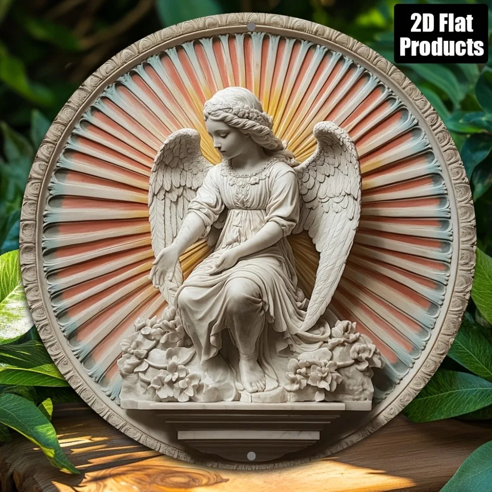 1 Stück 2D-Engelsflügel, rundes Aluminium-Metallschild – rustikale Wanddekoration für Zuhause, Bar, Café, 20,3 x 20,3 cm